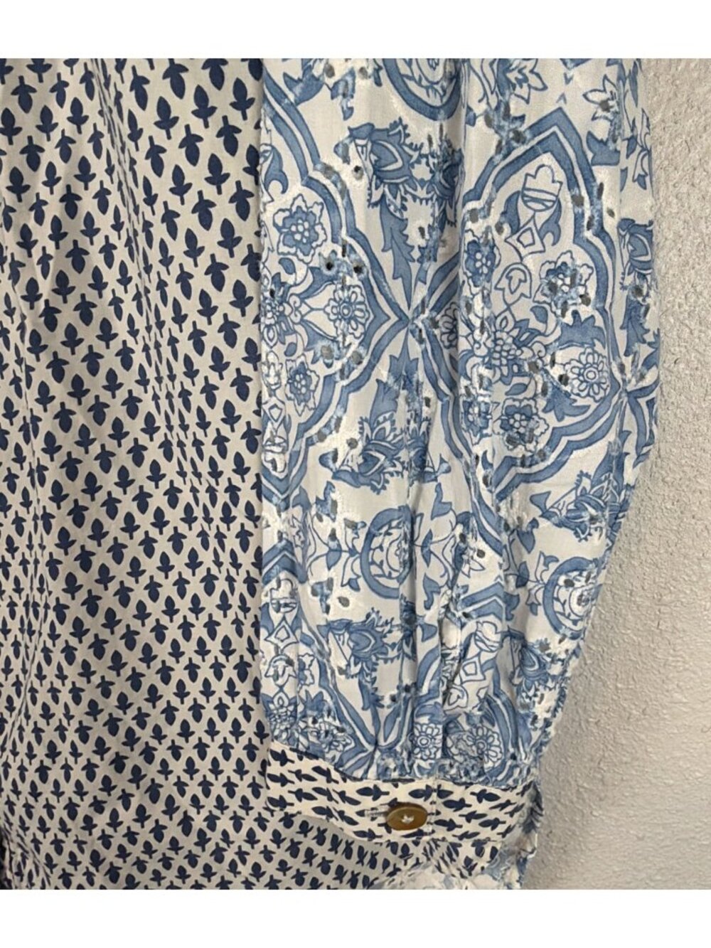 Soft Surroundings Patchwork Prairie Shirt Large Blue Floral Cottagecore Boho - Picture 5 of 11